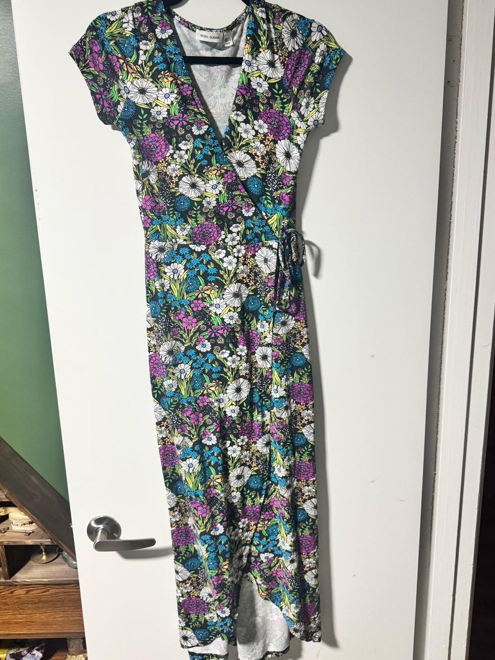 Rebel Sugar Black Floral Dress with Purple, Blue & Green Accents